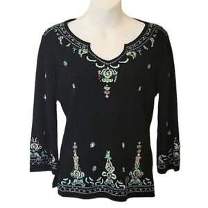 Vintage Joseph A. Petite blouse black embroidery 3/4 sleeve Women's M